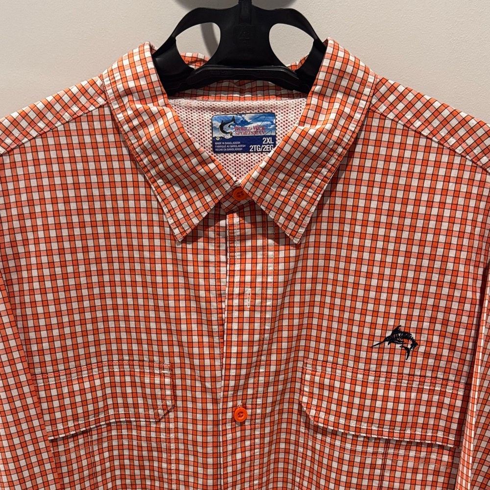 Bass Pro Shops Orange and White Checkered Button Down Shirt